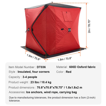 Portable Ice Shelter, 3-4 Person Insulated Pop-Up Ice Fishing Tent, 35 Square Feet Fishable Area, Thermal Ice Shanty for Winter Fishing, Ice Cube with Anchors, Ropes, Carrying Bag, 71"x71", Red