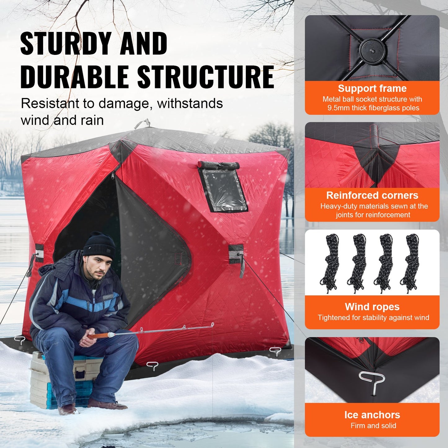 Portable Ice Shelter, 1-2 Person Insulated Pop-Up Ice Fishing Tent, 24 Square Feet Fishable Area, Thermal Ice Shanty for Winter Fishing, Ice Cube with Anchors, Ropes, Carrying Bag, 60"x60", Red