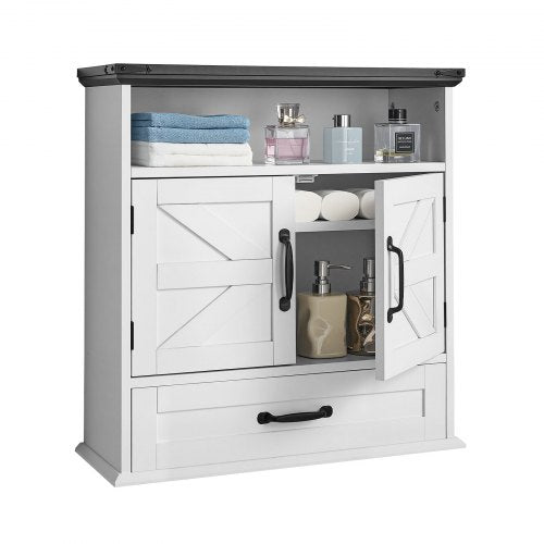 Badrumsskåp med 2 dörrar och justerbar hylla, förvaring över toaletten, väggmonterat medicinskåp, hängande organisatör med låda och öppen skiljevägg för tvättstuga, kök, toalett, vit