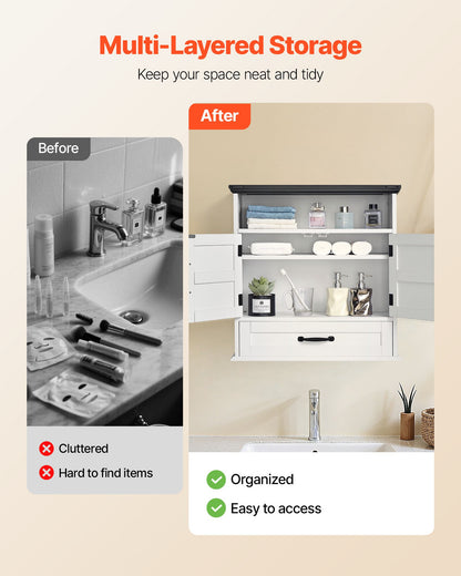 Badrumsskåp med 2 dörrar och justerbar hylla, förvaring över toaletten, väggmonterat medicinskåp, hängande organisatör med låda och öppen skiljevägg för tvättstuga, kök, toalett, vit