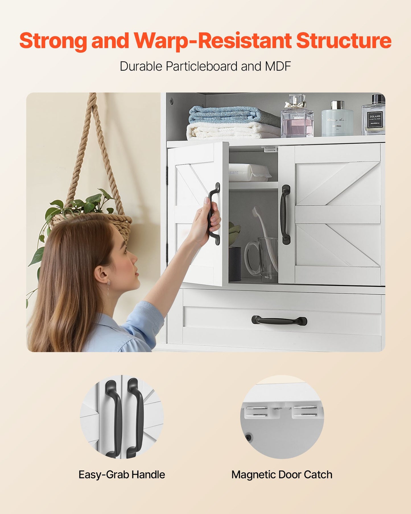 Badrumsskåp med 2 dörrar och justerbar hylla, förvaring över toaletten, väggmonterat medicinskåp, hängande organisatör med låda och öppen skiljevägg för tvättstuga, kök, toalett, vit