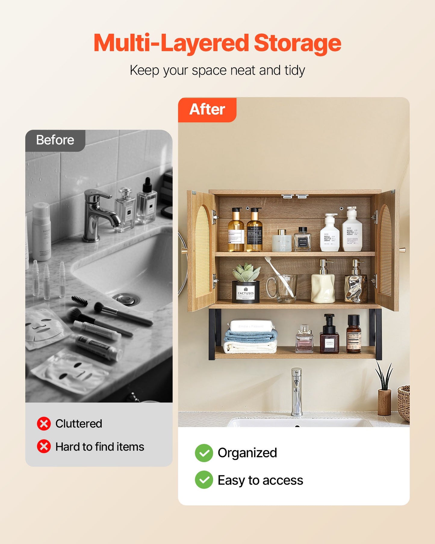 Badrumsskåp med väggmonterad förvaring över toaletten, hängande organisatör med hyllor och öppen skiljevägg för tvättstuga, kök, toalett