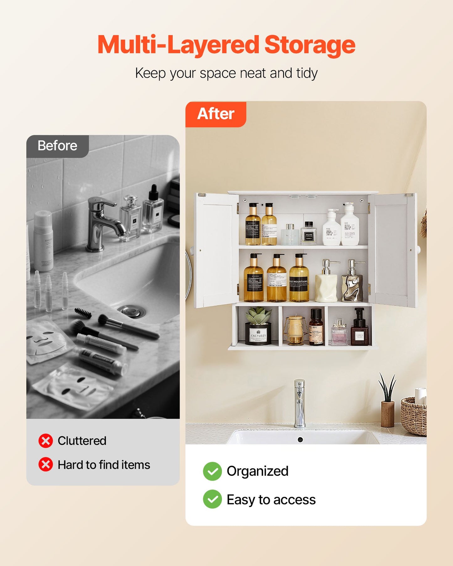 Badrumsskåp med 2 dörrar och justerbar hylla, förvaring över toaletten, väggmonterat medicinskåp, hängande organiserare med hyllor och öppen skiljevägg för tvättstuga, kök, toalett, vit