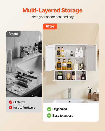 Badrumsskåp med 2 dörrar och justerbar hylla, förvaring över toaletten, väggmonterat medicinskåp, hängande organiserare med hyllor och öppen skiljevägg för tvättstuga, kök, toalett, vit