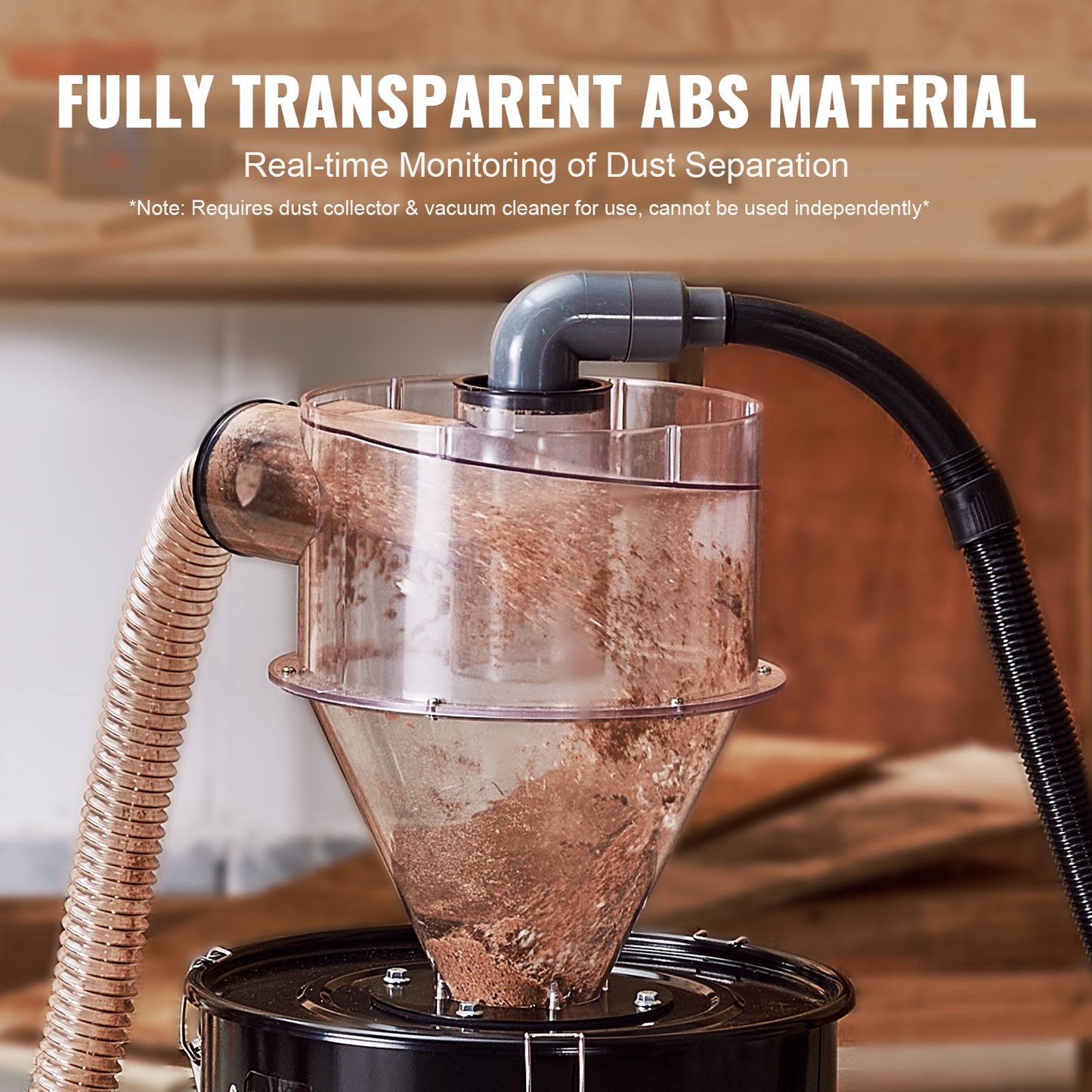 Cyclone Dust Separator, 4" Retrofit Cyclone Separator for Dust Collectors, ABS Dust Deputy With 2" Hole O.D. Connector & Hose for Wet/Dry Shop Vacuums, Fits 18.9-37.85L Tank (Tank Exclude)