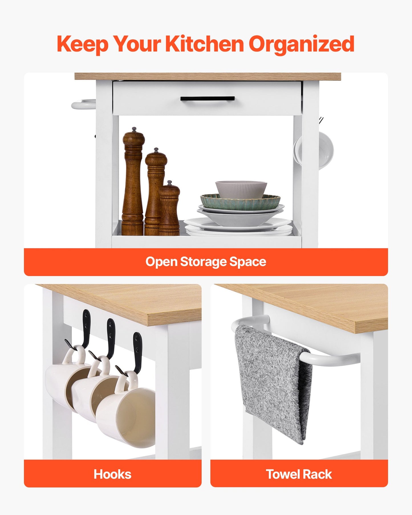 Köksö med skåp med enkel dörr, mobila vagnar med låda, handdukshängare, krokar, bärbart bord på svängbara hjul, liten kaffeö, mikrovågsstativ för matsal, 45x59cm, vit