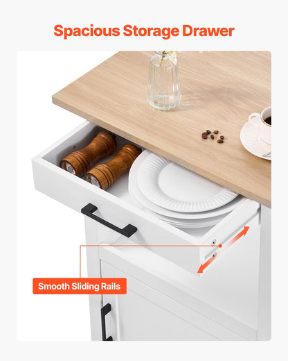 Kitchen Island Cart with Single Door Cabinet, Mobile Carts with Drawer, Towel Rack, Hooks, Portable Table on Swivel Wheels, Small Coffee Islands Microwave Stand for Dining Room, 45x59cm, White