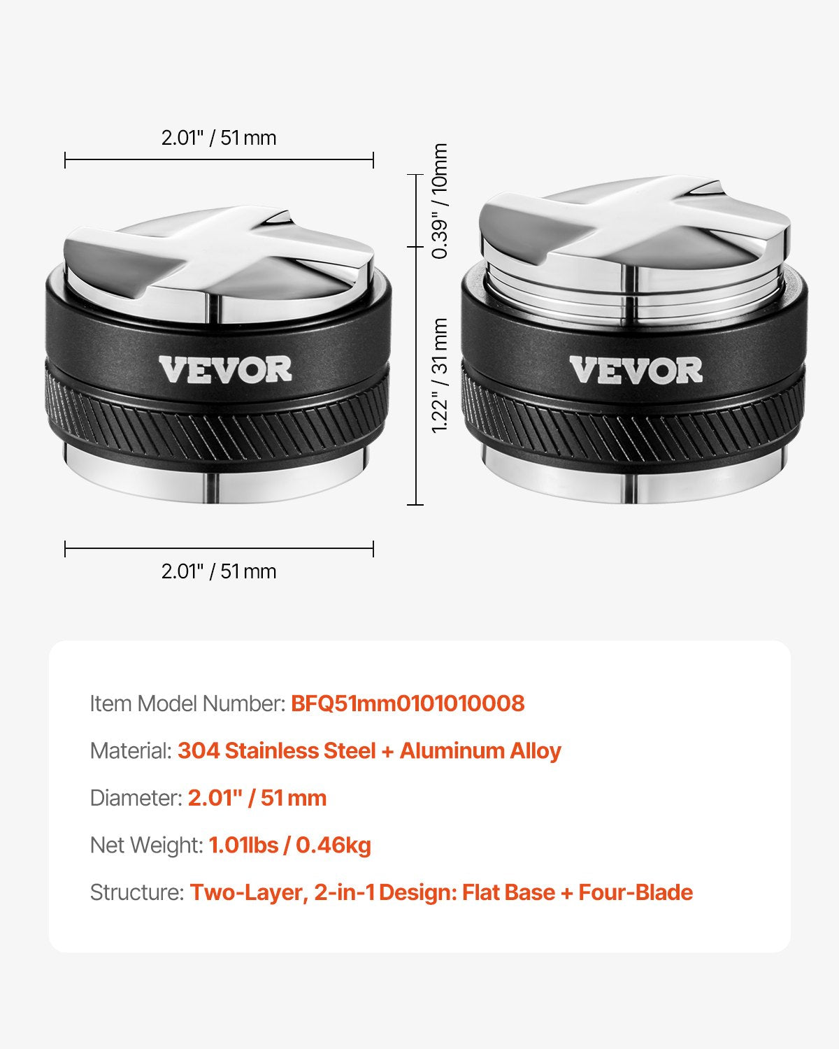 Kaffefördelare 51 mm, 2-i-1 justerbar espressofördelare med fläktformad bas, kaffefördelare i 304 rostfritt stål med lättdemonterbar design