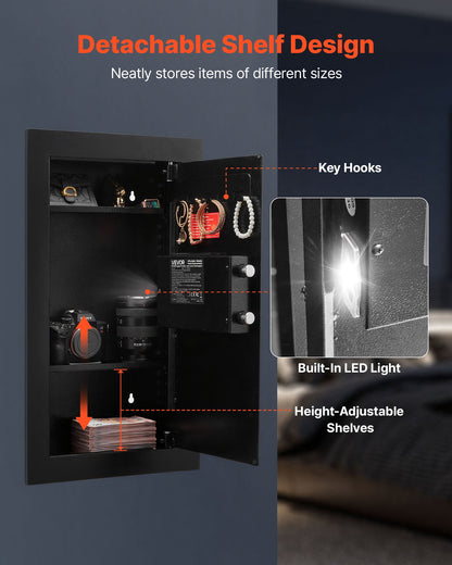 Wall Safe, 3-Tier Hidden Wall Mounted Safe with Password & Key, Q235 Cold-Rolled Steel In-Wall Box with LED Lighting, 2 Adjustable Shelves & 5 Key Holders for Money, Jewelry, Passport, Black