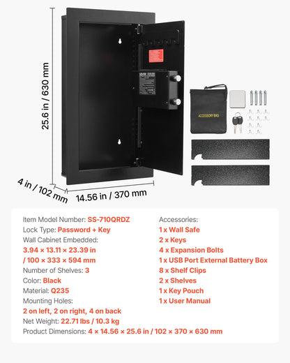 Wall Safe, 3-Tier Hidden Wall Mounted Safe with Password & Key, Q235 Cold-Rolled Steel In-Wall Box with LED Lighting, 2 Adjustable Shelves & 5 Key Holders for Money, Jewelry, Passport, Black