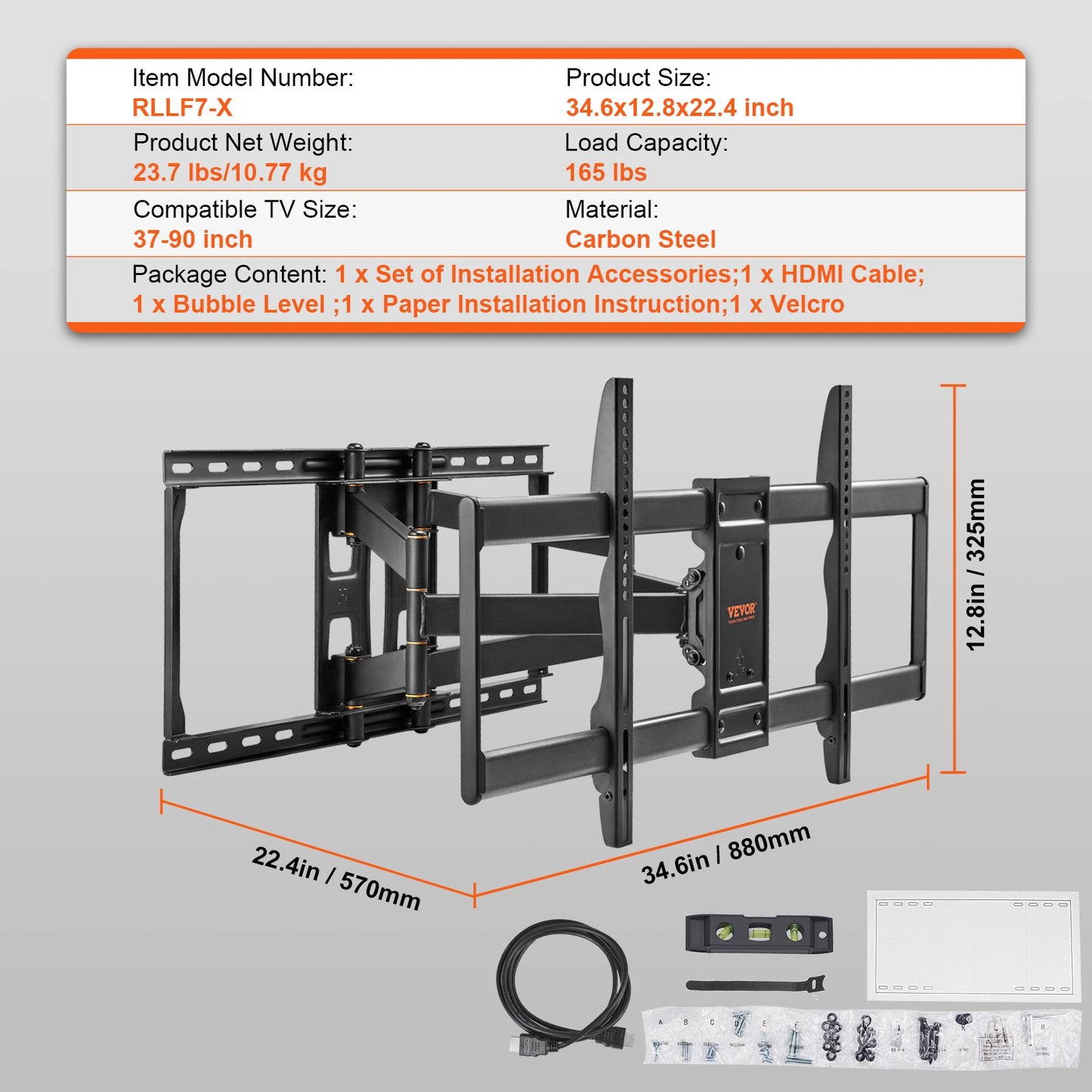Full Motion TV Mount Fits for Most 37-90 inch TVs, Swivel Tilt Horizontal Adjustment TV Wall Mount Bracket with 4 Articulating Arms, Max VESA 600x400mm, Holds up to 165 lbs