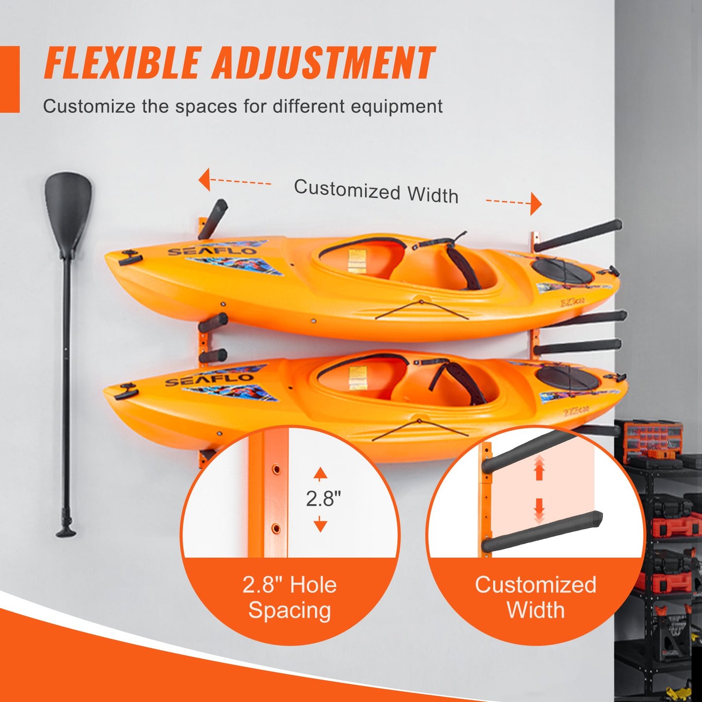 Wall Kayak Storage Rack, 4-Capacity Wall Mounted Kayak Holders for Kayak Canoe Paddle Board, Kayak Storage Hooks with Adjustable Padded Arms, 181.4 kg Load Kayak Hanger for Indoor Outdoor Garage