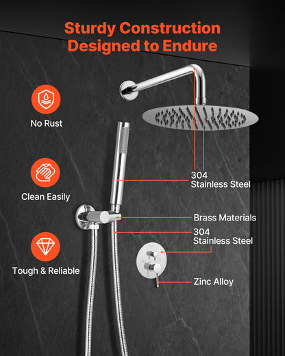 Shower Faucet Set, Rainfall Bathroom Shower System with 10-Inch (25.4cm) Round Rain Shower Head and Handheld Spray, Wall Mounted Bath Fixtures with Brass Valve and Trim Kit, Silver Chrome