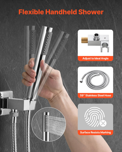 Duschblandareset, regnduschsystem för badrum med 10-tums (25,4 cm) fyrkantigt regnduschhuvud och handhållen duschstråle, väggmonterade badkarsarmaturer med mässingsventil och lister, silverkrom