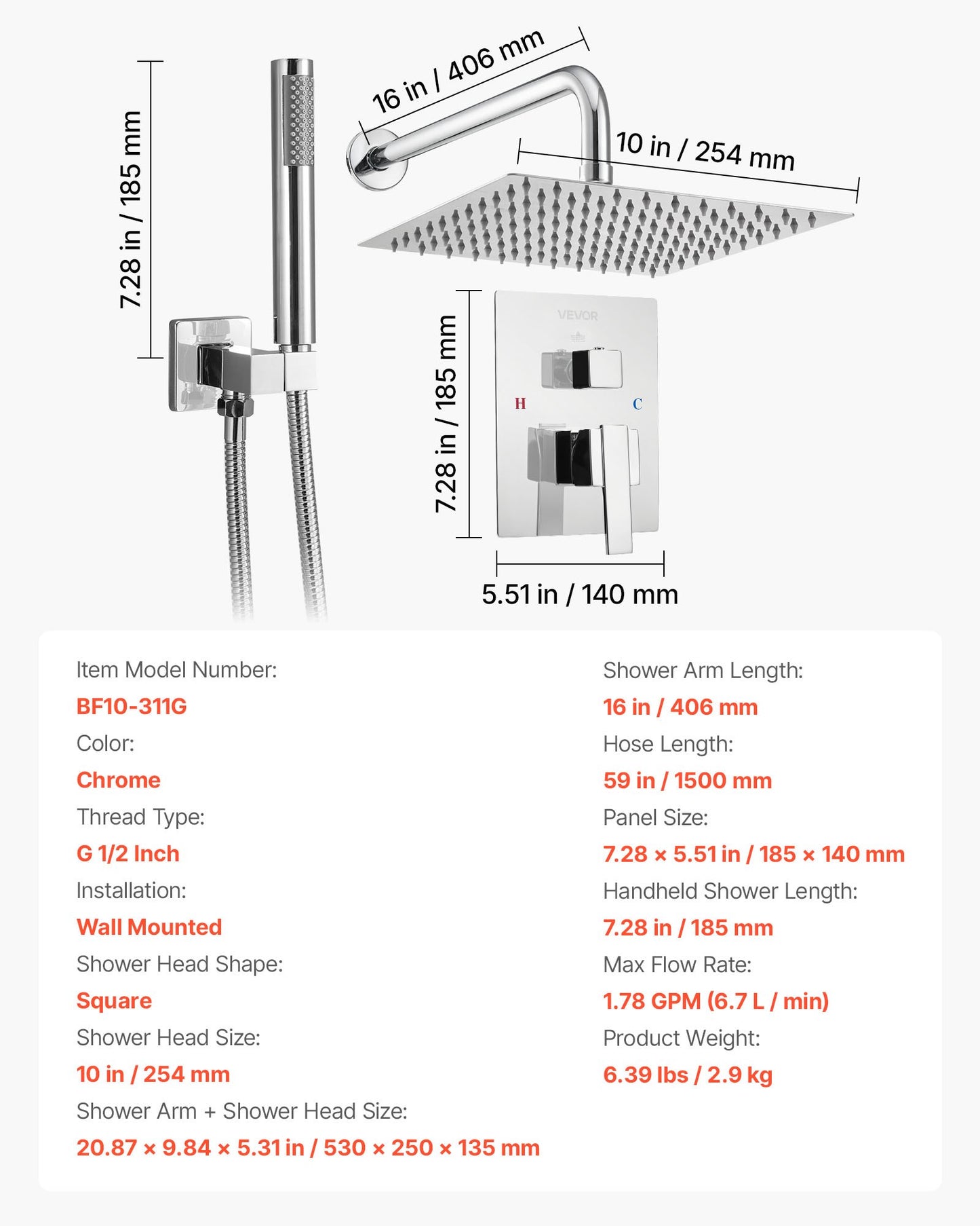 Duschblandareset, regnduschsystem för badrum med 10-tums (25,4 cm) fyrkantigt regnduschhuvud och handhållen duschstråle, väggmonterade badkarsarmaturer med mässingsventil och lister, silverkrom