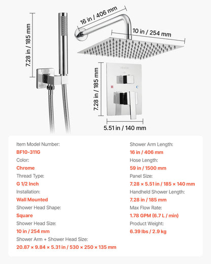 Duschblandareset, regnduschsystem för badrum med 10-tums (25,4 cm) fyrkantigt regnduschhuvud och handhållen duschstråle, väggmonterade badkarsarmaturer med mässingsventil och lister, silverkrom