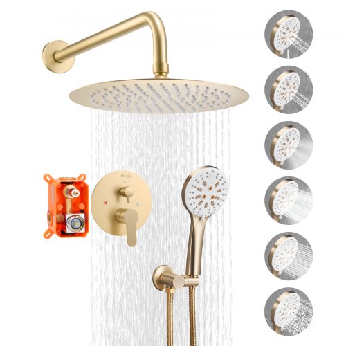 Shower Faucet Set, Rainfall Bathroom Shower System with 10-Inch (25.4cm) Round Rain Shower Head and Handheld Spray, Wall Mounted Bath Fixtures with Brass Valve and Trim Kit, Brushed Gold