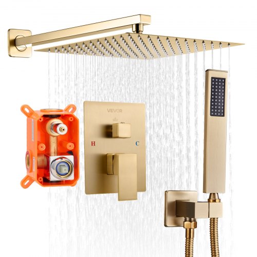 Shower Faucet Set, Rainfall Bathroom Shower System with 12-Inch (30.5cm) Square Rain Shower Head and Handheld Spray, Wall Mounted Bath Fixtures with Brass Valve and Trim Kit, Brushed Gold