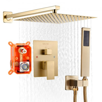 Shower Faucet Set, Rainfall Bathroom Shower System with 12-Inch (30.5cm) Square Rain Shower Head and Handheld Spray, Wall Mounted Bath Fixtures with Brass Valve and Trim Kit, Brushed Gold