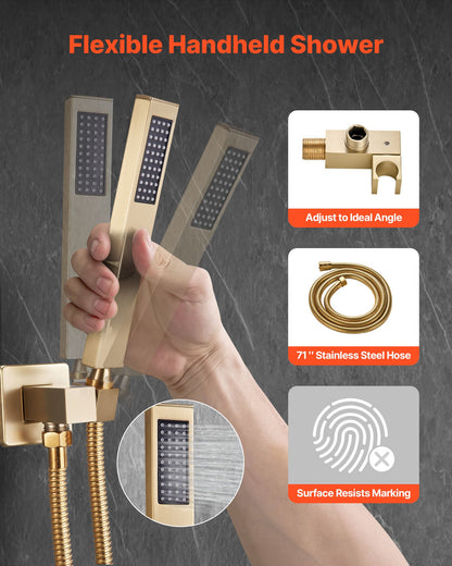 Shower Faucet Set, Rainfall Bathroom Shower System with 12-Inch (30.5cm) Square Rain Shower Head and Handheld Spray, Wall Mounted Bath Fixtures with Brass Valve and Trim Kit, Brushed Gold
