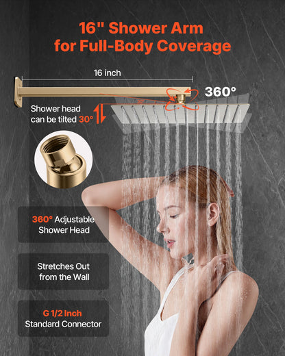 Shower Faucet Set, Rainfall Bathroom Shower System with 12-Inch (30.5cm) Square Rain Shower Head and Handheld Spray, Wall Mounted Bath Fixtures with Brass Valve and Trim Kit, Brushed Gold