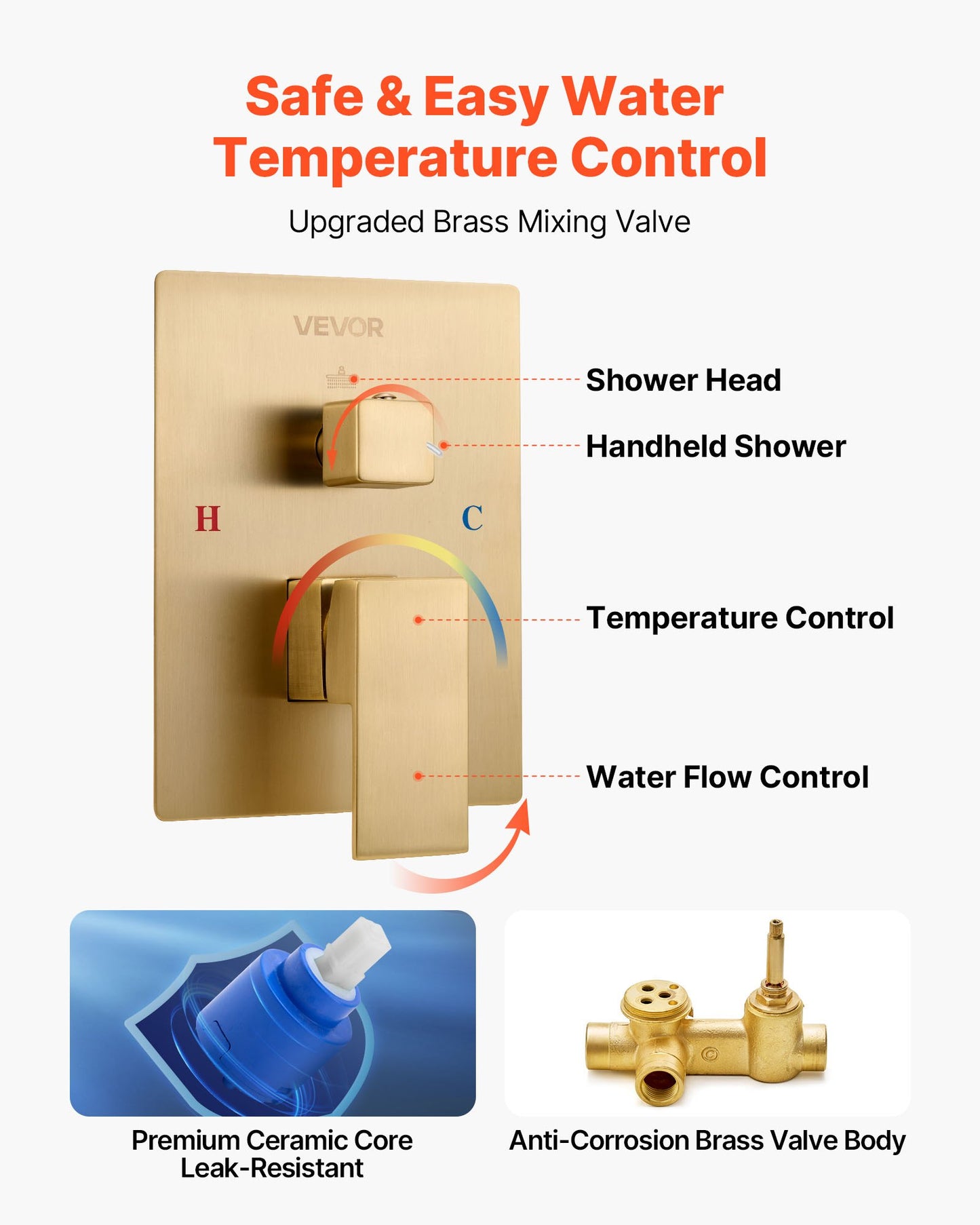 Shower Faucet Set, Rainfall Bathroom Shower System with 12-Inch (30.5cm) Square Rain Shower Head and Handheld Spray, Wall Mounted Bath Fixtures with Brass Valve and Trim Kit, Brushed Gold