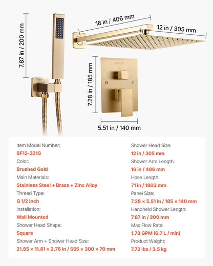 Shower Faucet Set, Rainfall Bathroom Shower System with 12-Inch (30.5cm) Square Rain Shower Head and Handheld Spray, Wall Mounted Bath Fixtures with Brass Valve and Trim Kit, Brushed Gold