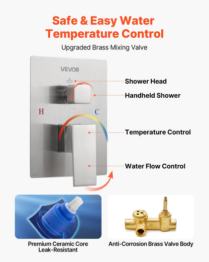 Duschblandareset, regnduschsystem för badrum med 12-tums (30,5 cm) fyrkantigt regnduschhuvud och handhållen duschstråle, väggmonterade badkarsarmaturer med mässingsventil och lister, borstad nickel