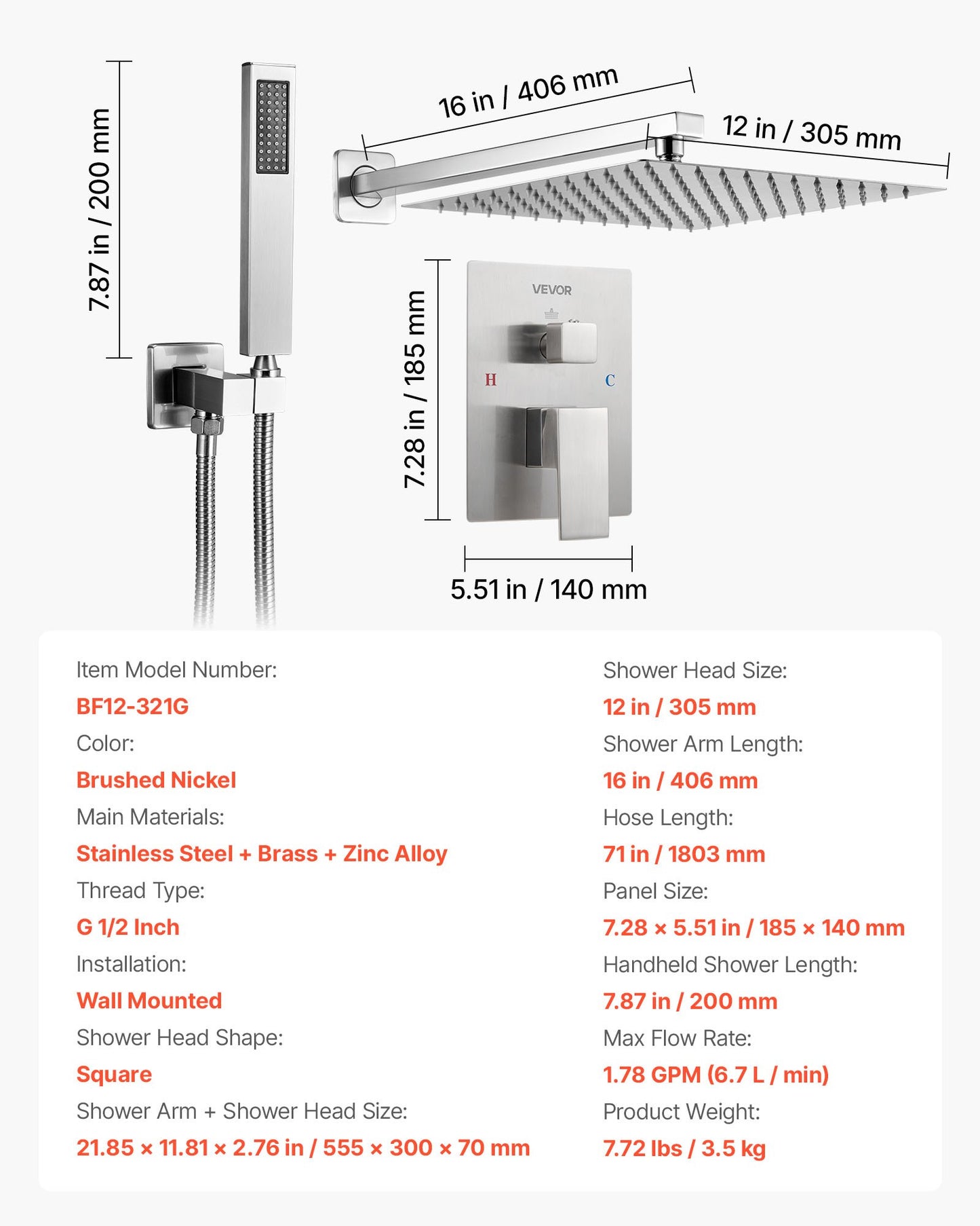 Duschblandareset, regnduschsystem för badrum med 12-tums (30,5 cm) fyrkantigt regnduschhuvud och handhållen duschstråle, väggmonterade badkarsarmaturer med mässingsventil och lister, borstad nickel