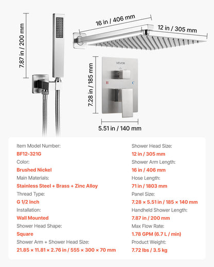 Duschblandareset, regnduschsystem för badrum med 12-tums (30,5 cm) fyrkantigt regnduschhuvud och handhållen duschstråle, väggmonterade badkarsarmaturer med mässingsventil och lister, borstad nickel
