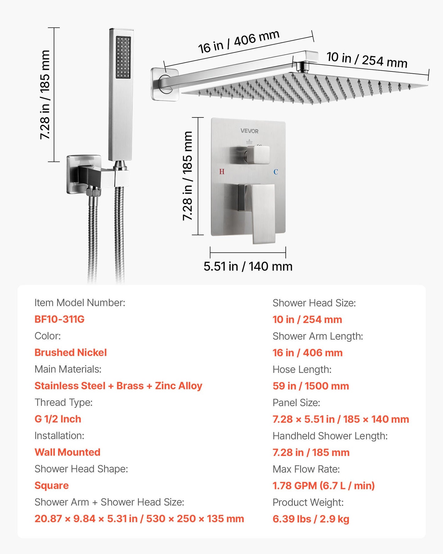 Duschblandareset, regnduschsystem för badrum med 10-tums (25,4 cm) fyrkantigt regnduschhuvud och handhållen duschstråle, väggmonterade badkarsarmaturer med mässingsventil och lister, borstad nickel