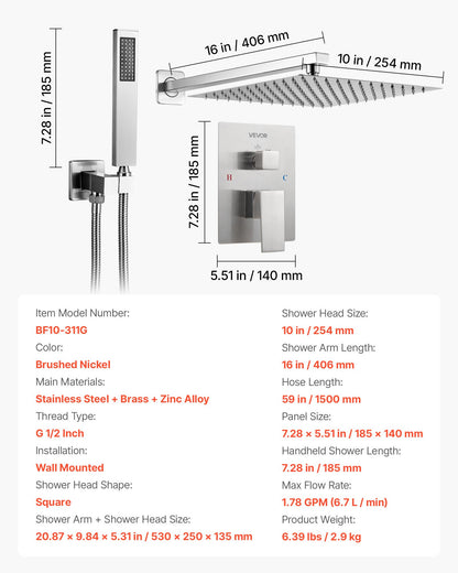 Duschblandareset, regnduschsystem för badrum med 10-tums (25,4 cm) fyrkantigt regnduschhuvud och handhållen duschstråle, väggmonterade badkarsarmaturer med mässingsventil och lister, borstad nickel