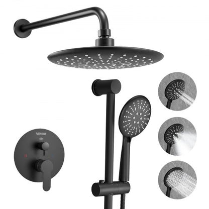 Shower Faucet Set, Rainfall Bathroom Shower System with 9-Inch (23cm) Round Rain Shower Head and Handheld Spray, Wall Mounted Bath Fixtures with Brass Valve and Trim Kit, Matte Black