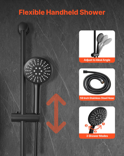 Shower Faucet Set, Rainfall Bathroom Shower System with 9-Inch (23cm) Round Rain Shower Head and Handheld Spray, Wall Mounted Bath Fixtures with Brass Valve and Trim Kit, Matte Black
