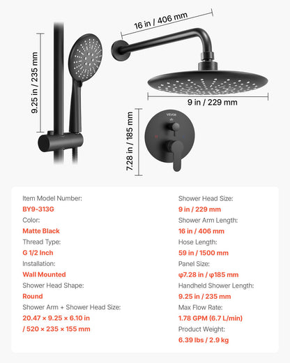 Shower Faucet Set, Rainfall Bathroom Shower System with 9-Inch (23cm) Round Rain Shower Head and Handheld Spray, Wall Mounted Bath Fixtures with Brass Valve and Trim Kit, Matte Black