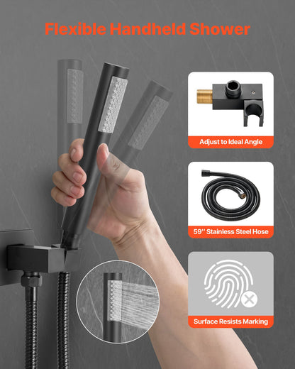 Duschblandareset, regnduschsystem för badrum med 10-tums (25,4 cm) fyrkantigt regnduschhuvud och handhållen spray, väggmonterade badkarsarmaturer med mässingsventil och lister, mattsvart