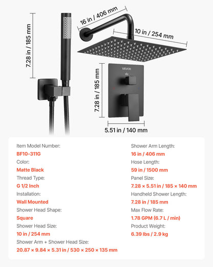 Duschblandareset, regnduschsystem för badrum med 10-tums (25,4 cm) fyrkantigt regnduschhuvud och handhållen spray, väggmonterade badkarsarmaturer med mässingsventil och lister, mattsvart