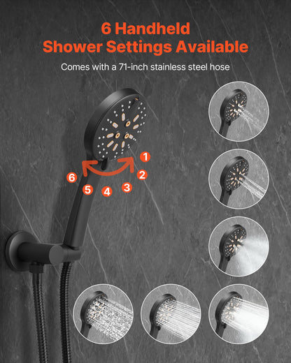 Shower Faucet Set, Rainfall Bathroom Shower System with 12-Inch (30.5cm) Round Rain Shower Head and Handheld Spray, Wall Mounted Bath Fixtures with Brass Valve and Trim Kit, Matte Black