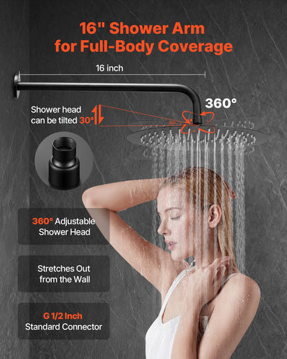 Shower Faucet Set, Rainfall Bathroom Shower System with 12-Inch (30.5cm) Round Rain Shower Head and Handheld Spray, Wall Mounted Bath Fixtures with Brass Valve and Trim Kit, Matte Black