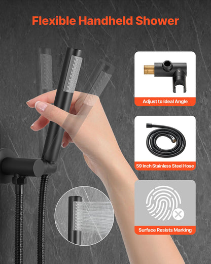 Duschblandareset, regnduschsystem för badrum med 8-tums (20,3 cm) runt regnduschhuvud och handhållen spray, väggmonterade badkarsarmaturer med mässingsventil och lister, mattsvart