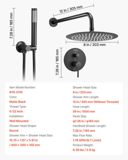 Duschblandareset, regnduschsystem för badrum med 8-tums (20,3 cm) runt regnduschhuvud och handhållen spray, väggmonterade badkarsarmaturer med mässingsventil och lister, mattsvart