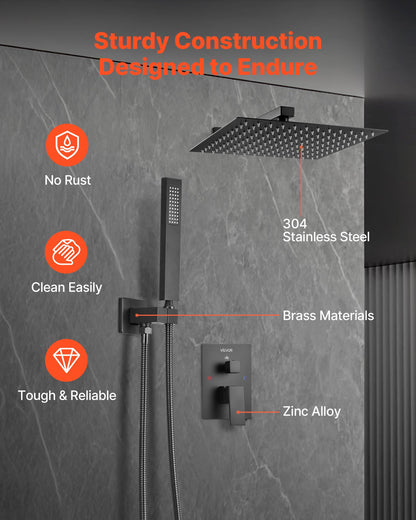 Duschblandareset, regnduschsystem för badrum med 12-tums (30,5 cm) fyrkantigt regnduschhuvud och handhållen spray, väggmonterade badkarsarmaturer med mässingsventil och lister, mattsvart