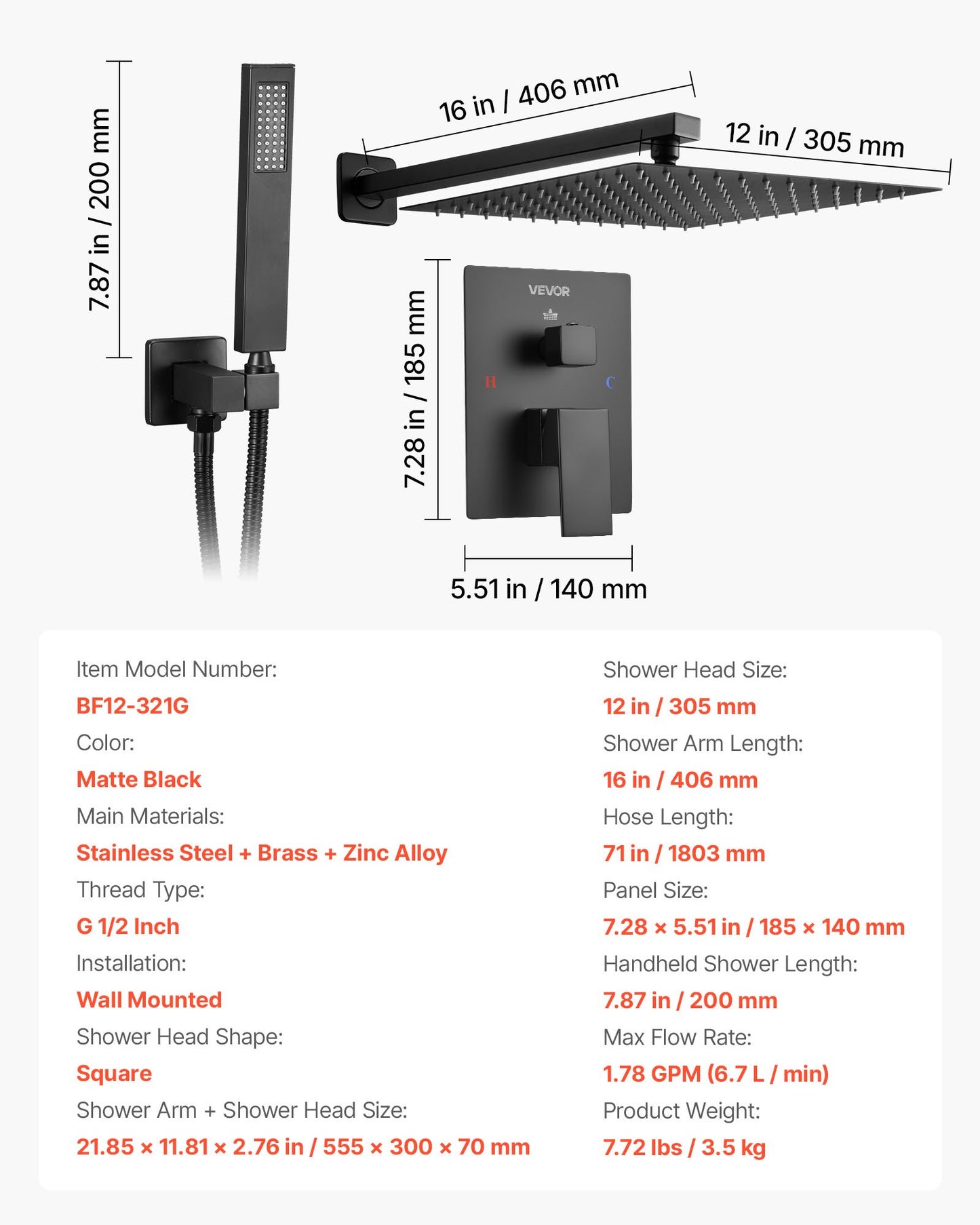 Duschblandareset, regnduschsystem för badrum med 12-tums (30,5 cm) fyrkantigt regnduschhuvud och handhållen spray, väggmonterade badkarsarmaturer med mässingsventil och lister, mattsvart