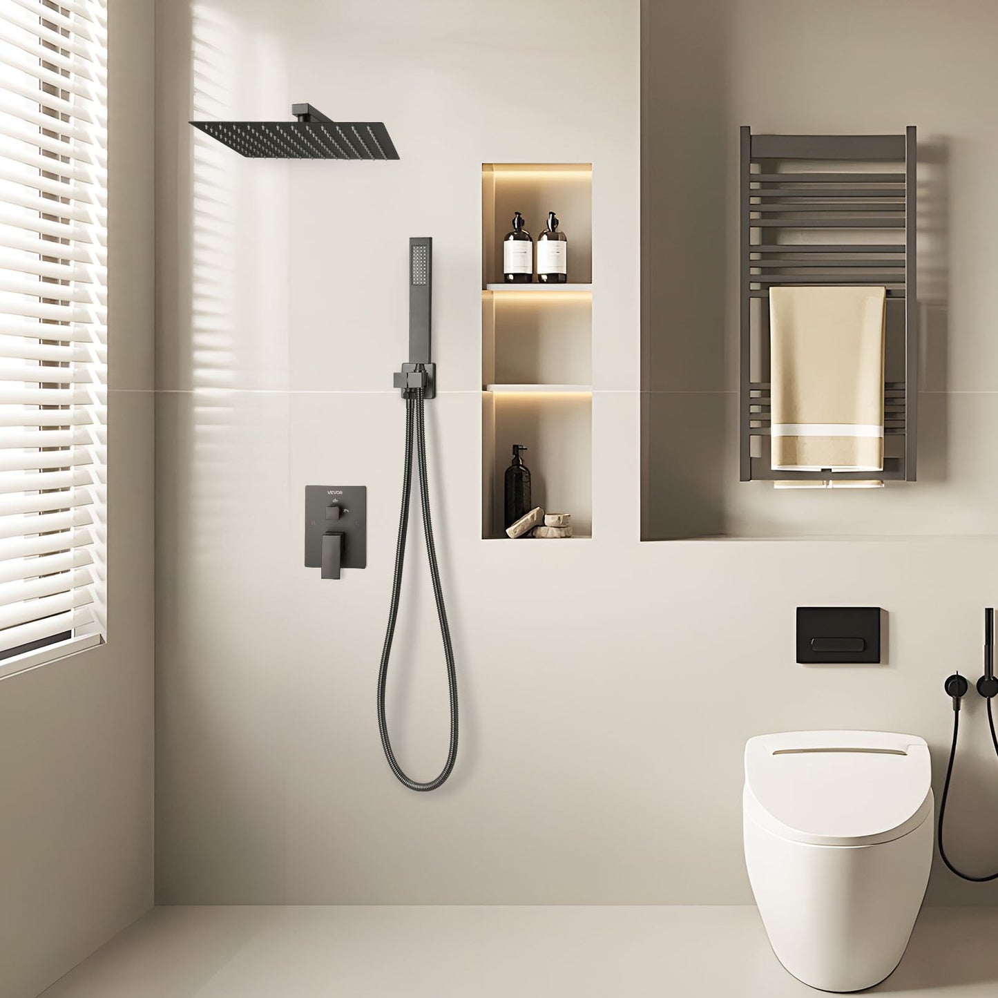 Duschblandareset, regnduschsystem för badrum med 12-tums (30,5 cm) fyrkantigt regnduschhuvud och handhållen spray, väggmonterade badkarsarmaturer med mässingsventil och lister, mattsvart