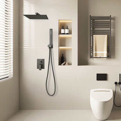 Duschblandareset, regnduschsystem för badrum med 12-tums (30,5 cm) fyrkantigt regnduschhuvud och handhållen spray, väggmonterade badkarsarmaturer med mässingsventil och lister, mattsvart
