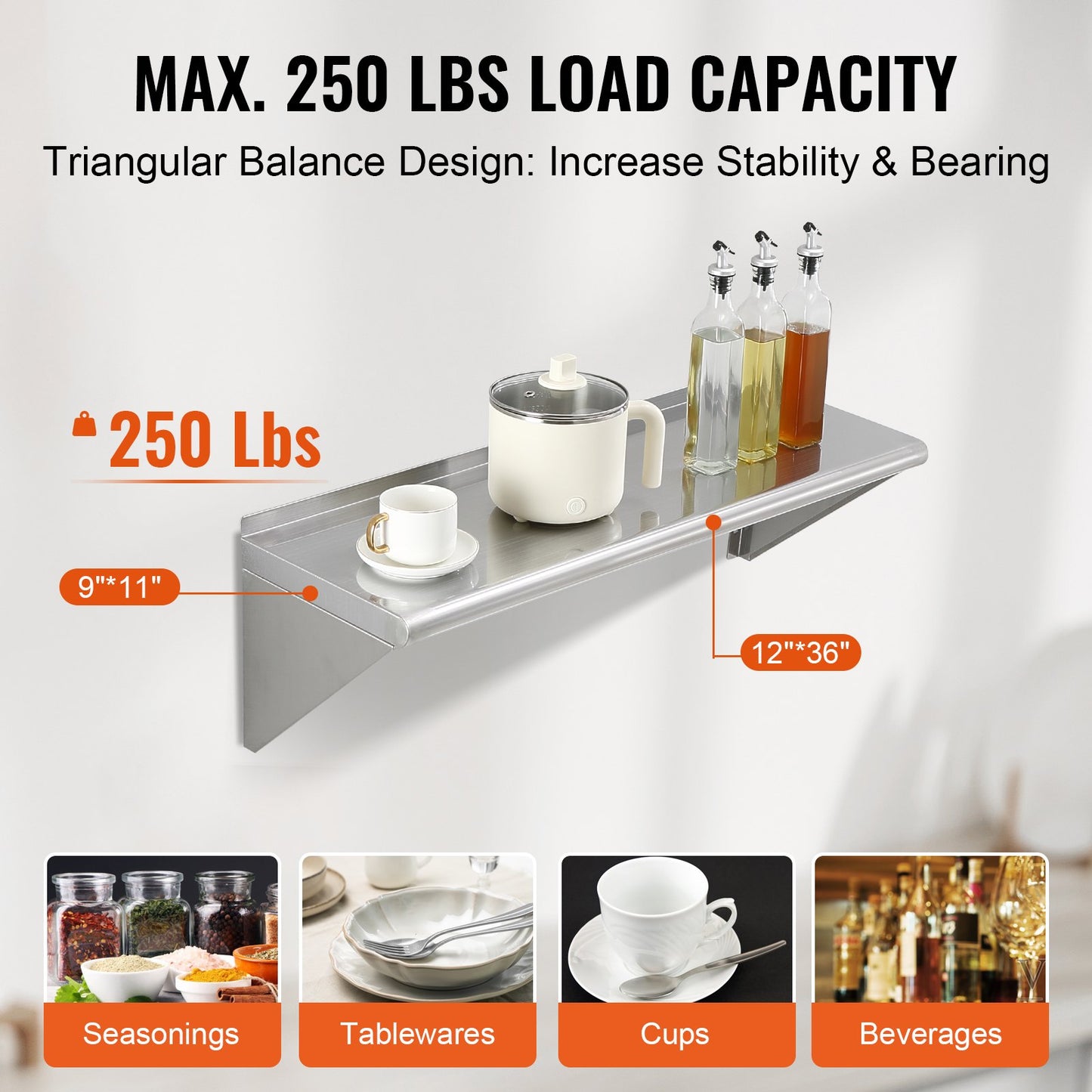 30,5 x 91,4 cm hylla i rostfritt stål, väggmonterad flytande hylla med konsoler, 113,4 kg lastkapacitet kommersiella hyllor, kraftig förvaringsställ för restaurang, kök, bar, hem och hotell