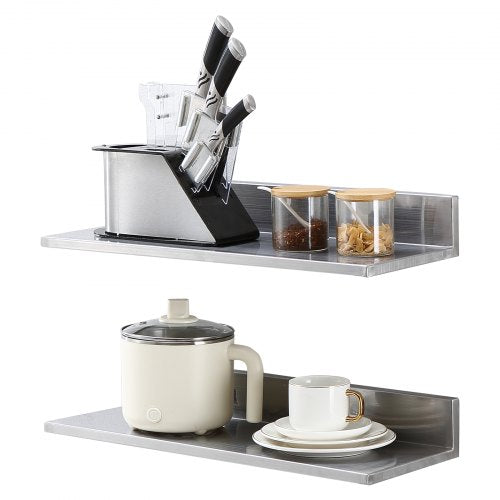 21.8 x 61 cm Stainless Steel Shelf, Wall Mounted Floating Shelving with Backsplash, 20 kg Load Capacity Commercial Shelves, Heavy Duty Storage Rack for Restaurant, Kitchen, Bar, Home, and Hotel