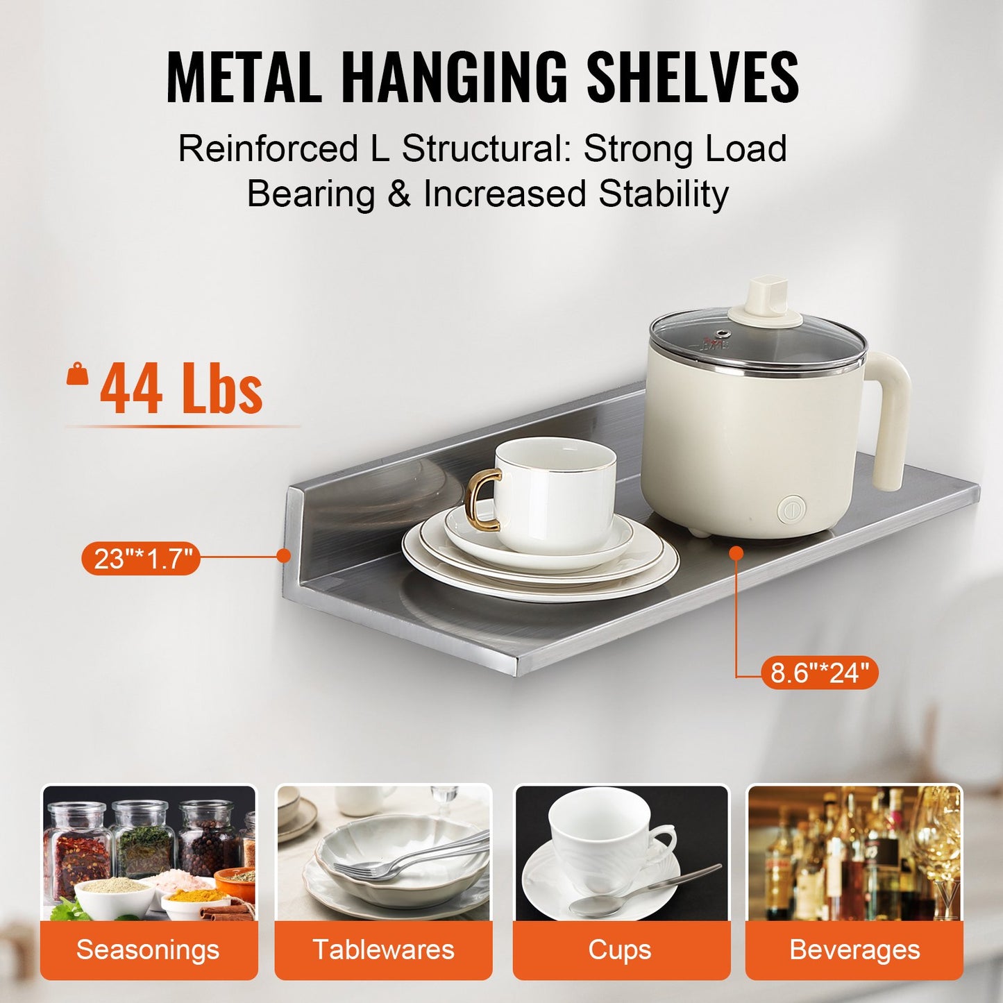 21.8 x 61 cm Stainless Steel Shelf, Wall Mounted Floating Shelving with Backsplash, 20 kg Load Capacity Commercial Shelves, Heavy Duty Storage Rack for Restaurant, Kitchen, Bar, Home, and Hotel