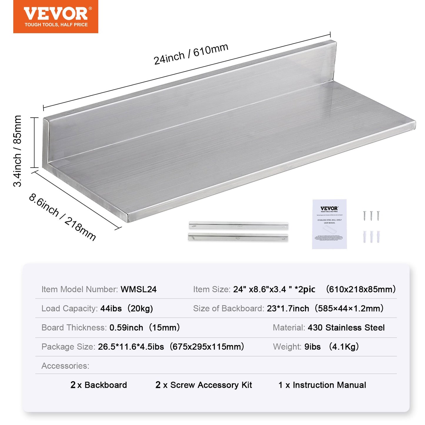 21.8 x 61 cm Stainless Steel Shelf, Wall Mounted Floating Shelving with Backsplash, 20 kg Load Capacity Commercial Shelves, Heavy Duty Storage Rack for Restaurant, Kitchen, Bar, Home, and Hotel