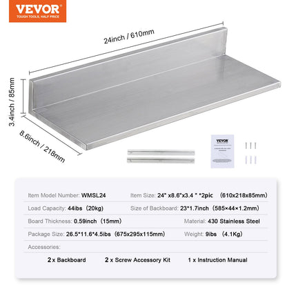21.8 x 61 cm Stainless Steel Shelf, Wall Mounted Floating Shelving with Backsplash, 20 kg Load Capacity Commercial Shelves, Heavy Duty Storage Rack for Restaurant, Kitchen, Bar, Home, and Hotel